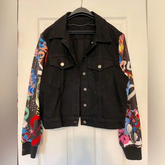 OO LALA Colorful Graphic Sleeve Hoodie Jacket Sz.L – Black Denim Front - Picture 10 of 10